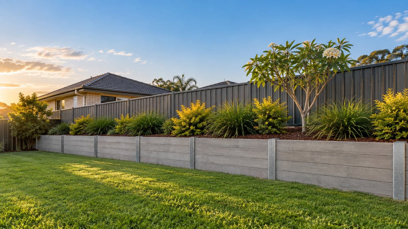 Illustrative image of a finished Brisbane backyard with a concrete sleeper retaining wall, garden bed and turf at golden hour