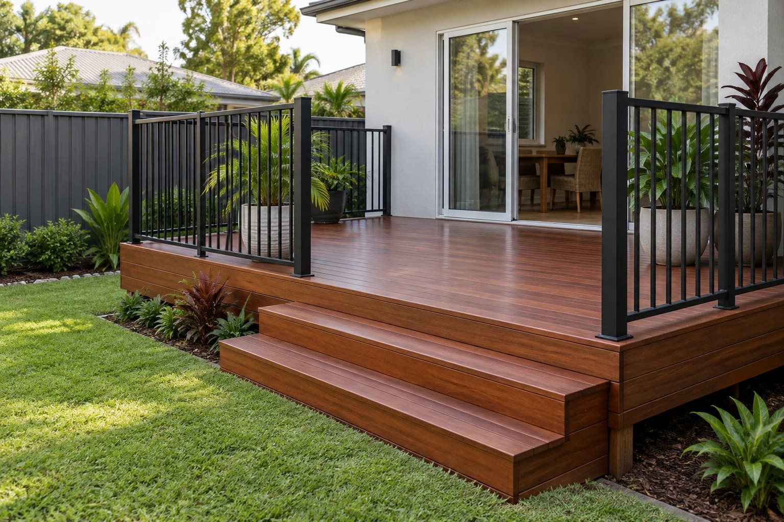 Illustrative image of a merbau timber deck with black balustrade stepping down to a lawn