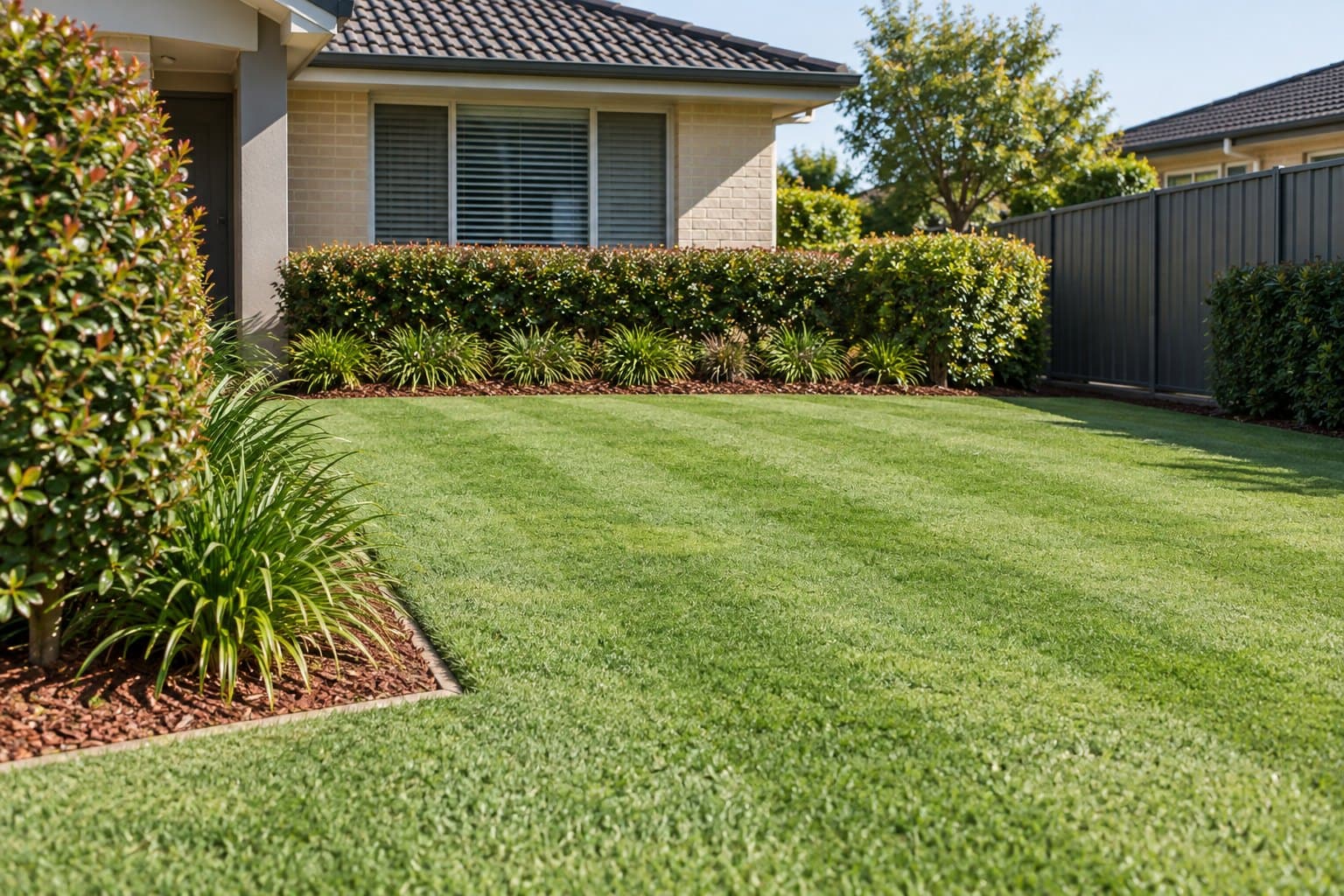 Illustrative image of a freshly mown, edged lawn with trimmed hedges and mulched garden beds
